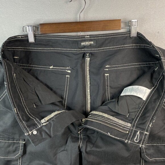 True Religion Cargo Pants Mens Size 34‎ x 32 Jet Black White Stitch 108335 NWT - Picture 5 of 11